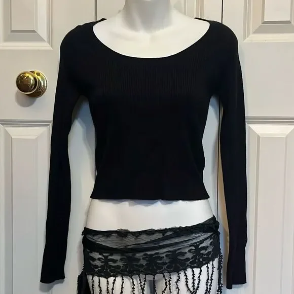 Cropped Ribbed Black Sweater Long Sleeve Crop Top Stretchy Shirt Women’s M