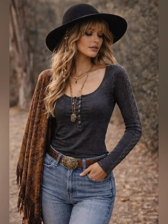 Free People Grey Lace Sleeve Henley Top Extra Small NWOT Boho Chic