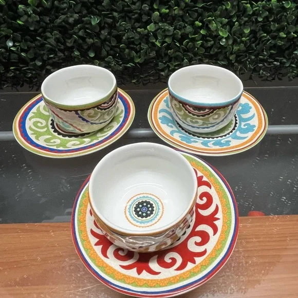 Pier 1 Multicolor Ceramic Bowl and Saucer Set