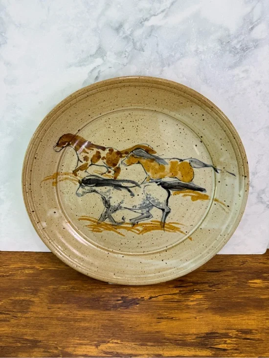Vintage Studio Pottery 14” Horse Plate Platter Hand Painted Stoneware Equestrian