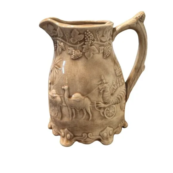 Antique Victorian Drabware Pitcher Dragon Camels Elephant Grapes Pitcher England