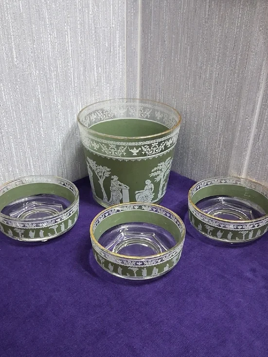 Vintage Jeanette Glass Bowl Set Hellenic Green Jasperware Style Ice Dessert