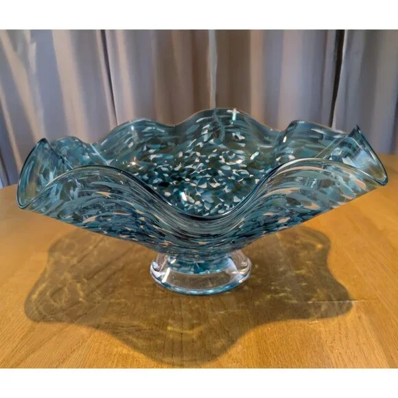 Vtg Blown Art Glass Blue White Confetti Floppy Bowl Handkerchief Ruffle 12