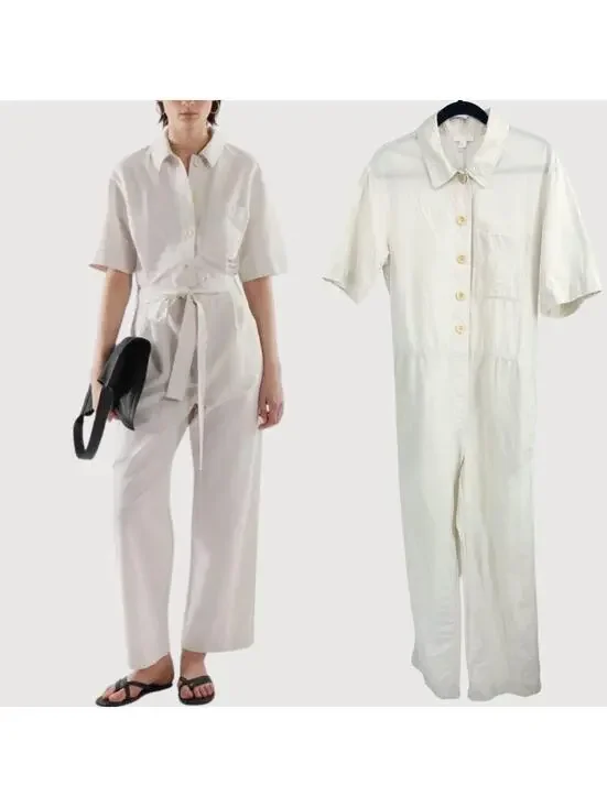COS Linen Blend Wide Leg Utility Jumpsuit Cream 8