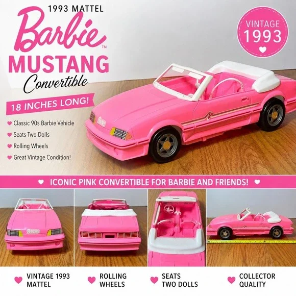 Vintage 1993 Barbie Pink Mustang Convertible Car Mattel Doll Vehicle 18