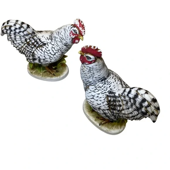 Vintage Lefton China Plymouth Rock Rooster Hen Figurines Set KW1051A KW1051B