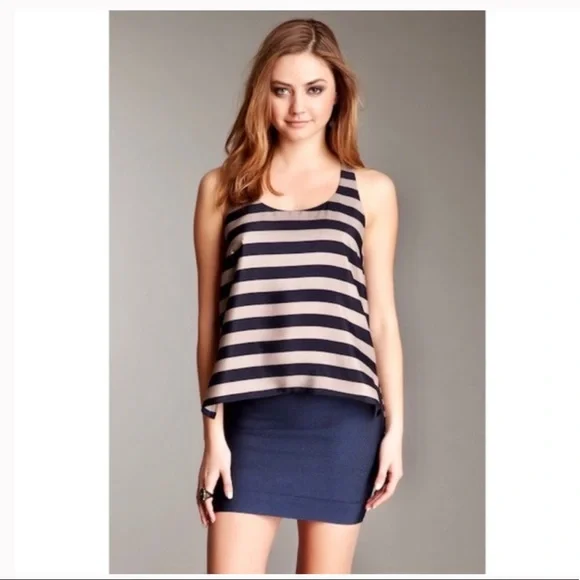 BCBG MAXAZRIA Edita Pure Silk Striped Navy and Tan Twisted Racer Back Tank Top