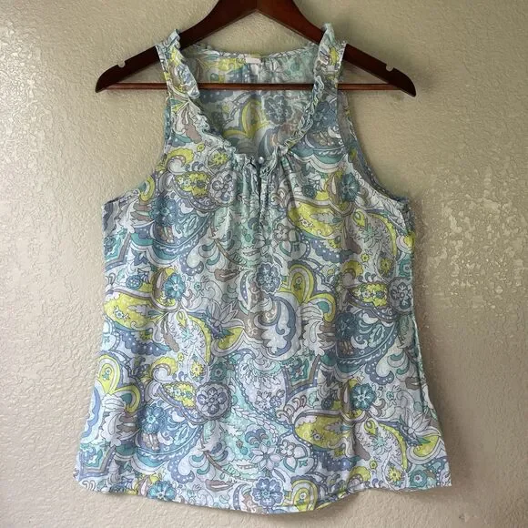 Vtg Y2K Old Navy Sleeveless Floral Paisley Top Blue Linen Cotton Medium Fairy