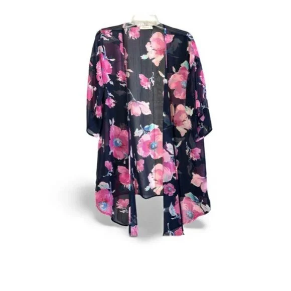 Emerald Blue & Pink Sheer Flowing Kimono Cardigan Cruise Party Jacket Medium