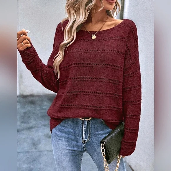 New Chic Open Knit Stripe Top Sweater Burgundy Red