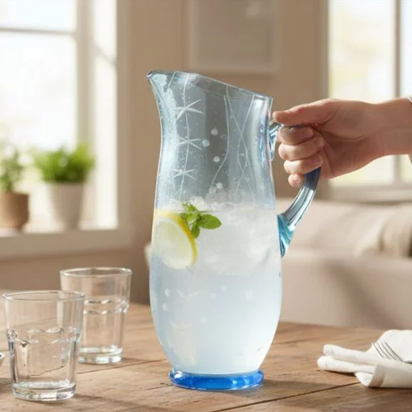 VINTAGE PITCHER -- Blue Glass, Circa 1980, Etched Glass Carafe, Tea/Juice/Water
