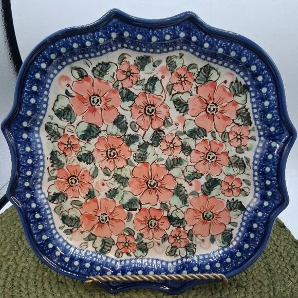 Handmade Polish Pottery Floral Square Plate 10