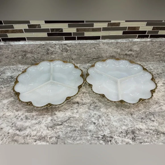 Vintage milk glass divided serving dish Set of 2