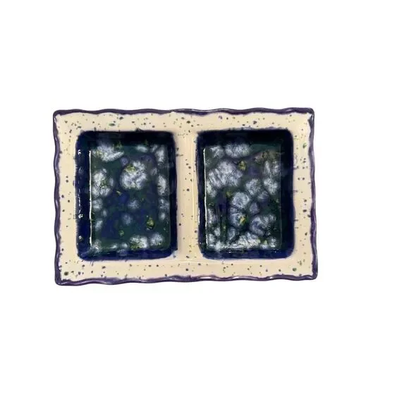 Handmade Artisan Speckled Blue Ceramic Dual-Section Serving Tray