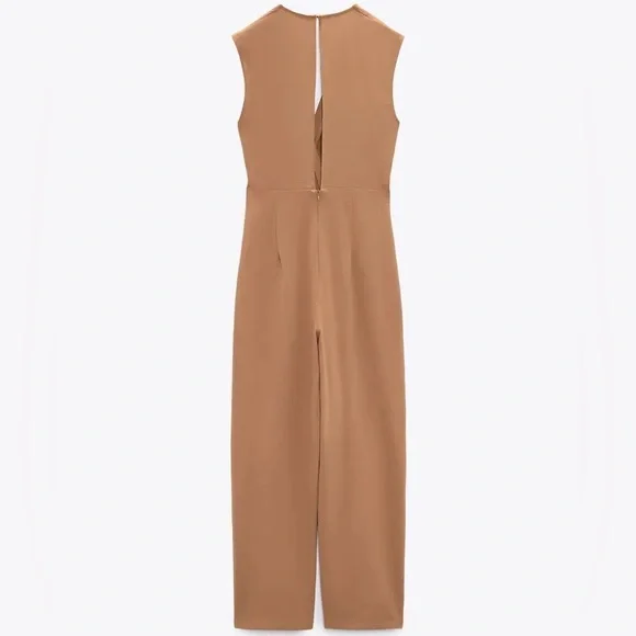 Zara NWT beige tan wrap O ring tie open back cutout jumpsuit