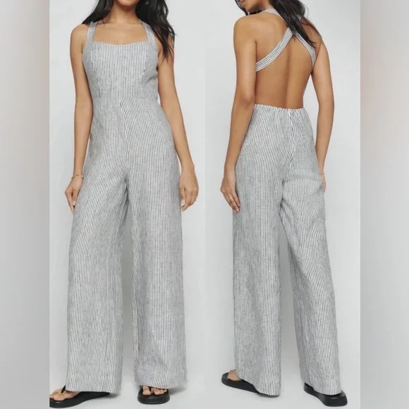 NEW Reformation Autumn Linen Jumpsuit Vineyard Stripes Size 2