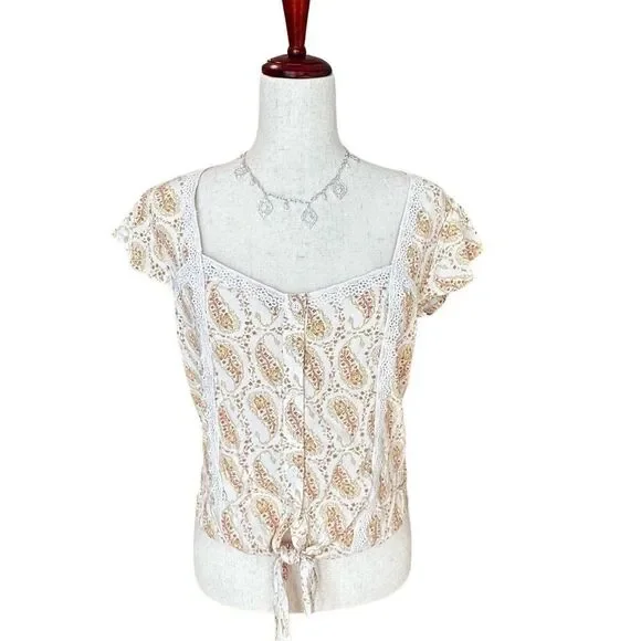 NWT Self Esteem Short Sleeve Tie-Front Top Petal Sleeve Cream/Tan Small