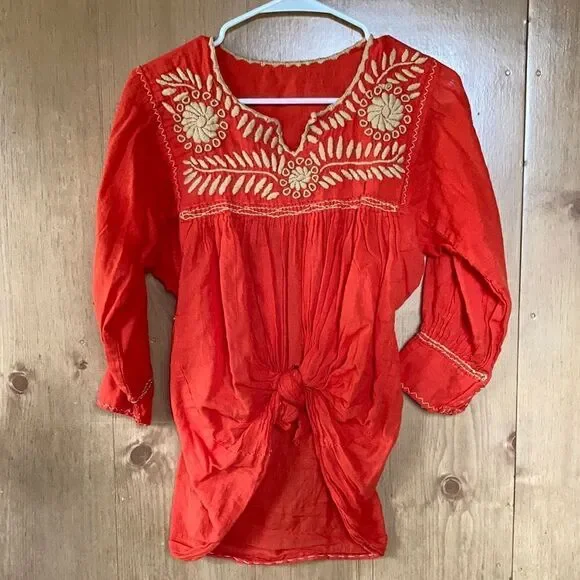 Vintage Tie-Front Embroidered Top