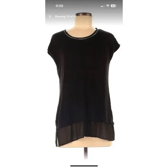 Rose & olive black top with silver. Chain detail along the entire collar sheer t