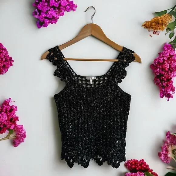 Metro 7 Sparkle Crochet Knit Top Black Size Small