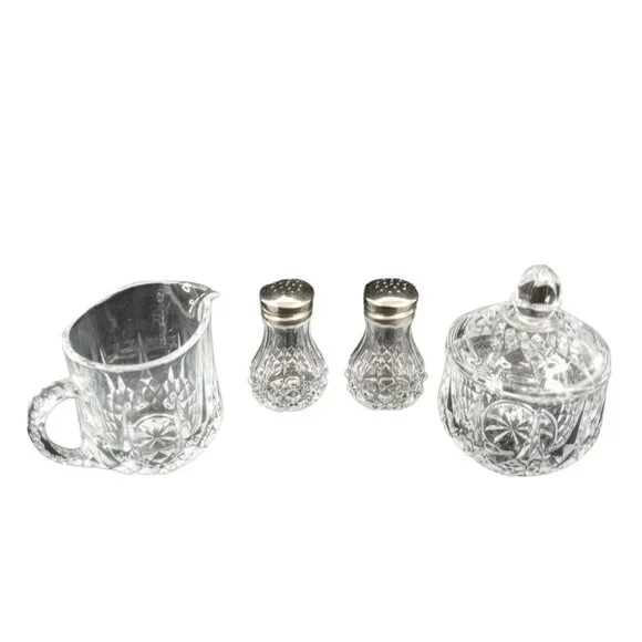 Vintage Creamer Sugar Salt Pepper Shakers Glass Diamond Pattern EAPG