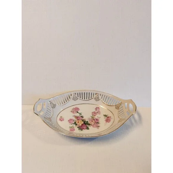 Bavaria German Reticulated Serving Bowl Dish Rose Floral Oval Double Handled