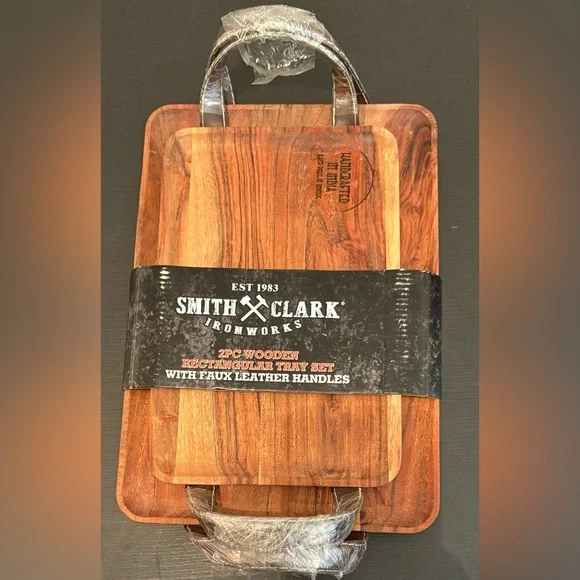 Smith & Clark Rustic Wooden Serving Trays with Handle Decorative  2 Pcs