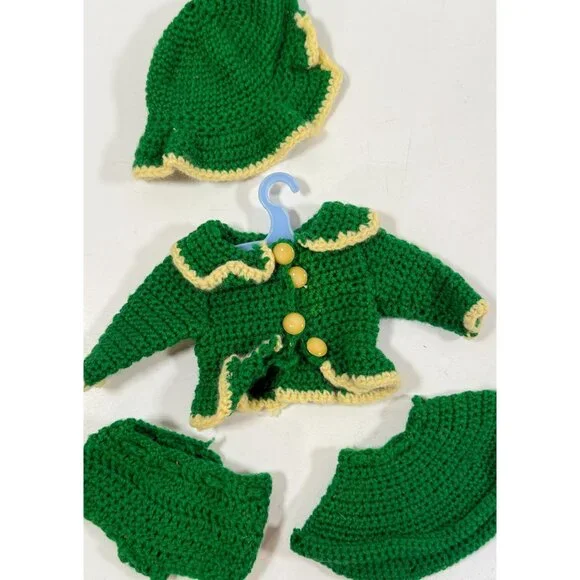 Vintage Mary Hoyer Doll Crocheted Winter Outfit Green White Trim Purse Hat