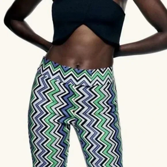 ZARA Linen Blend Cropped Pants ZigZag‎ Print Size Large Retro