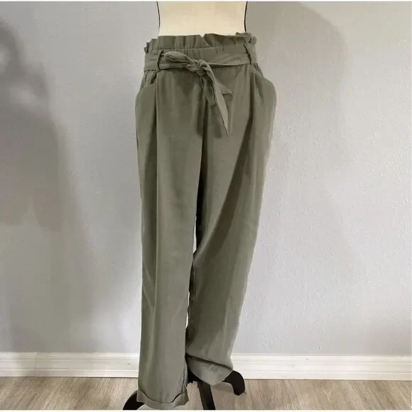 ZARA TRF Trafaluc Collection Paperbag Trouser Olive Green Sz Small Dress Pants W