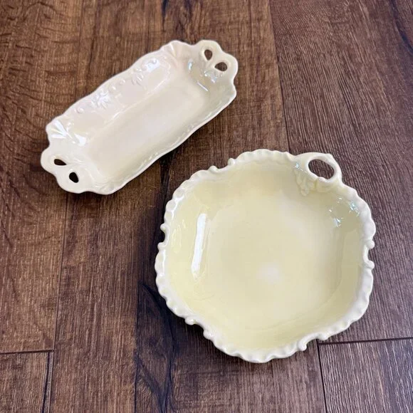Vintage Pale Yellow Porcelain Relish & Candy Dishes /w Handles Scalloped Edges