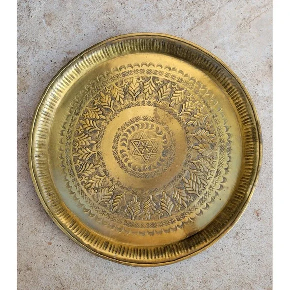 Vintage MCM Brass Metalware‎ Round Serving Tray Platter