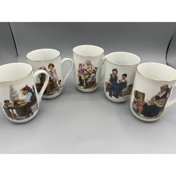 Set 5 Norman Rockwell Museum Coffee Mugs Japan Gold Rim Vintage Cups