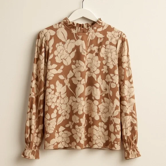 Ruffled Long Sleeve Blouse with Mandarin Collar in Brown and Orange