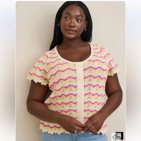 Torrid Pointelle Pullover Flutter Sleeve Crochet Knit Sweater Top 1 / 1X NWT