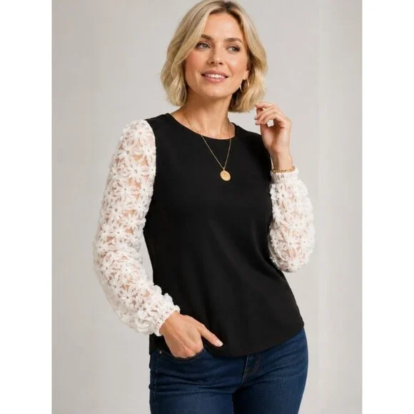 Chico's Mesh Applique Sleeve Blouse Womens Size 1 Medium Black Ivory Elegant Top
