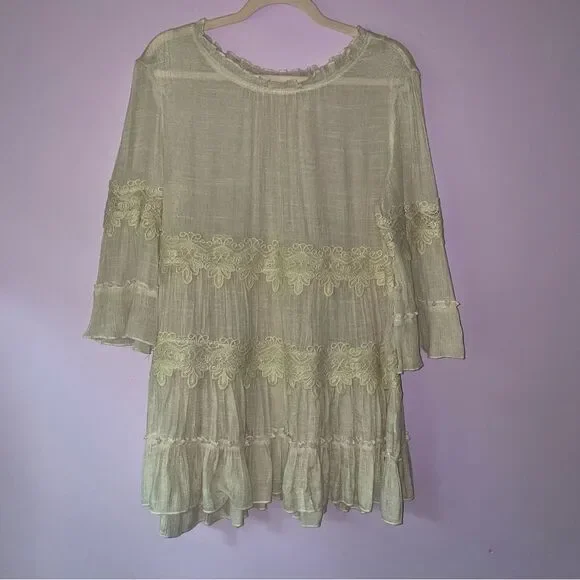 Indigo Soul M Blouse Tiered Gauzy High Neck Flounce Tan Cream