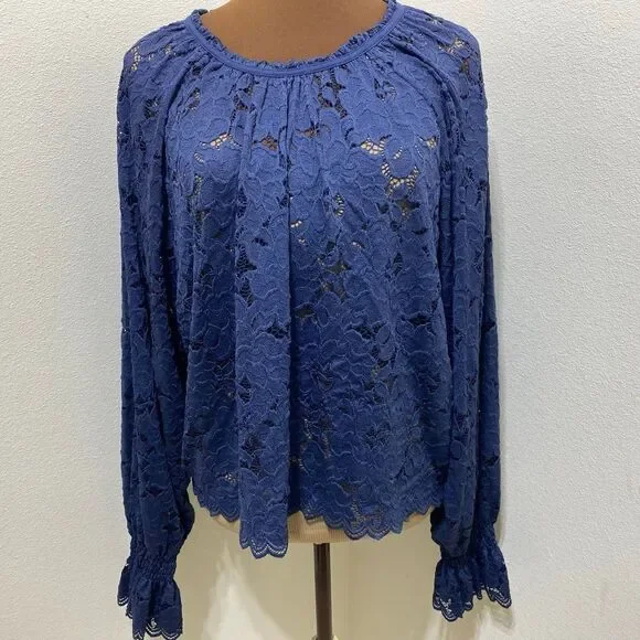 Free People Navy Blue Olivia Balloon Sleeve Lace Blouse Size Medium