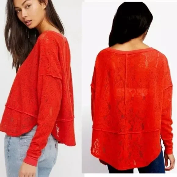 Free People Oversized Orange Long Sleeve Top Semi-Sheer Lacy Size XS Bohemian