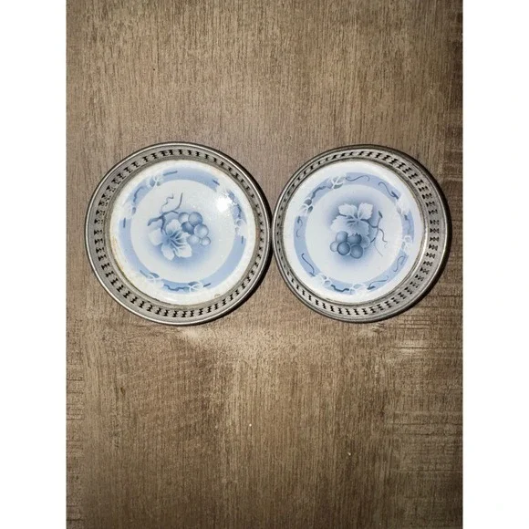 Vintage Blue White Grapes Porcelain Silver‎ Coasters THEODOR PAETSCH SPRITZDEKOR