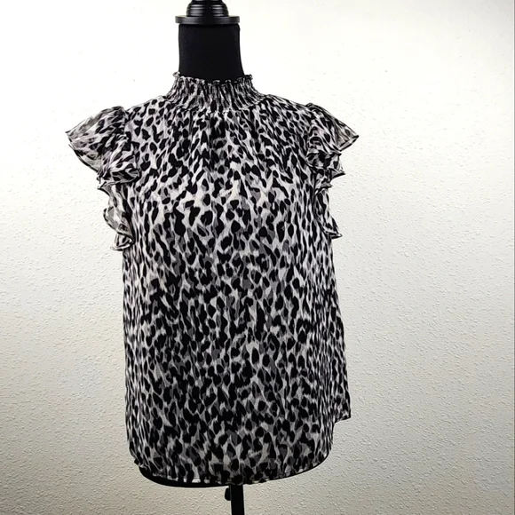 1. State Ruffle Sleeve Smocked High Neck Career Office Blouse Women's Size Small