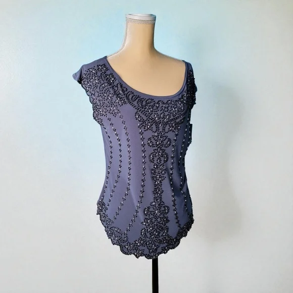 Dressbarn Collection Sz PL Gray Embellished sleeveless top scalloped whimsy