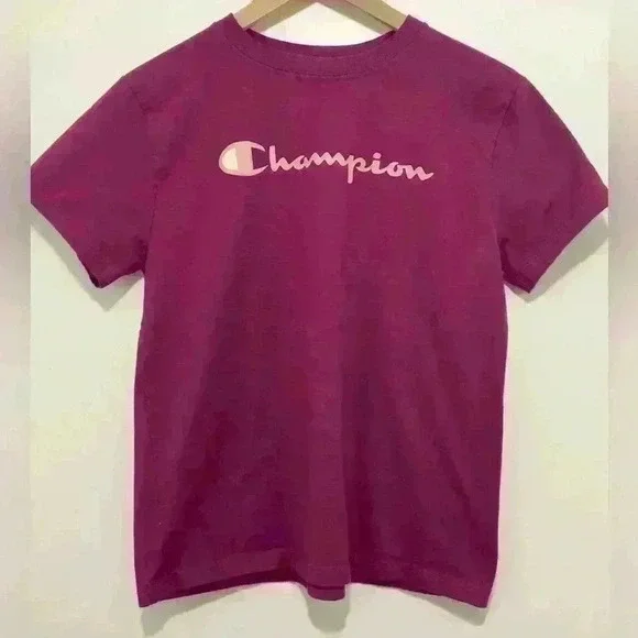 Champion Women’s Size Medium Script Logo Tee, in color Dark Berry Purple
