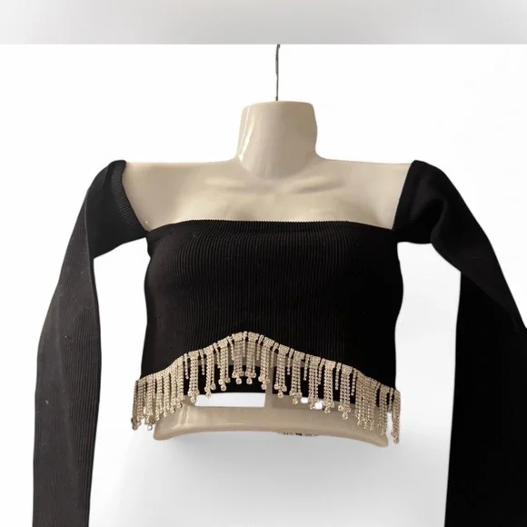 ZARA Elegant Black Off-Shoulder Top with Fringe