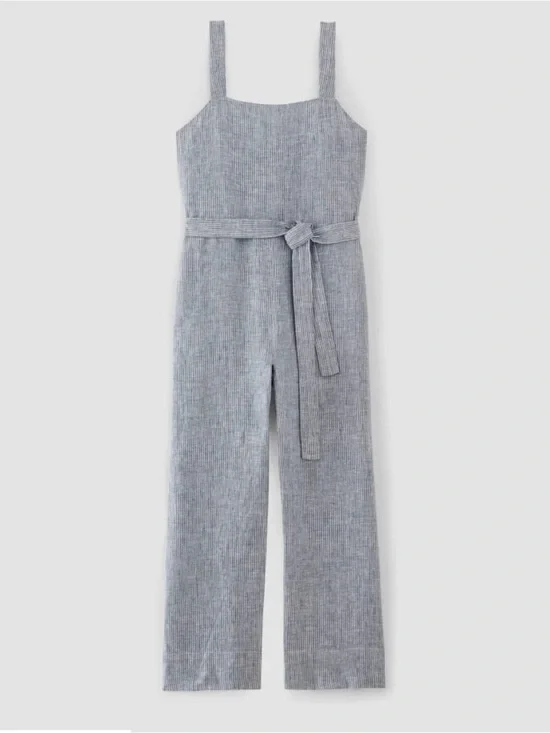 New Everane 100% linen Sleeveless Wide-Leg cropped Jumpsuit in pinstripes L
