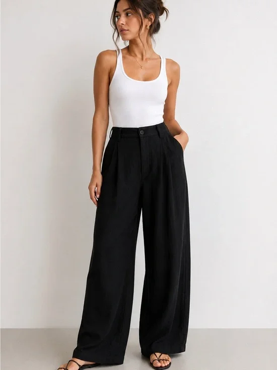Zara Black Linen Blend Wide Leg Trousers Women’s Size M