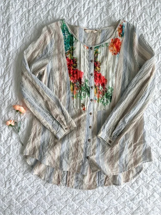 Soft Surroundings Crinkle Cotton Floral Striped Button Front Tunic Top M