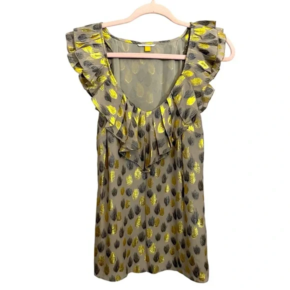 Leifdottir Metallic Firewing Gold Leaf Ruffle V- Neck Top Blouse
