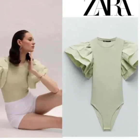 🍃✨‎ Zara Ribbed Ruffle Bodysuit (NEW WITH TAG) ✨🍃