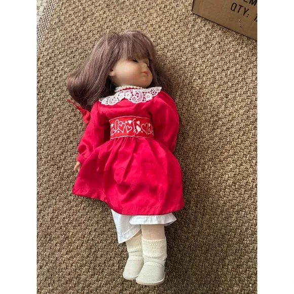 Vintage Wernicke German Doll Red Lace Heart‎ Dress Echt Leder Shoes Brown Hair